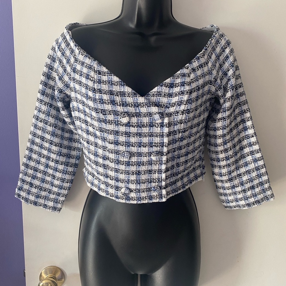 Zara Blue/Black and White Tweed Top.  Size Small New Without Tags